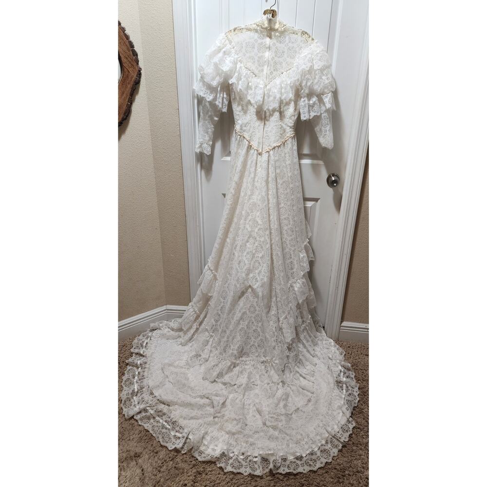 Vintage 60s 70s Victorian Ivory Bridallure Laced Wedding Dress Size 5 With Train